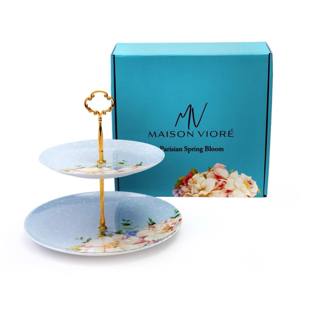 Maison Vioré Two-Tier Floral Server in Light Blue